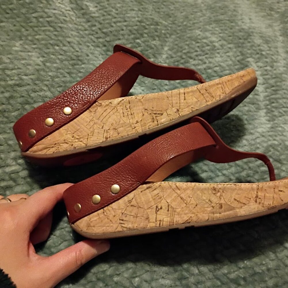 FitFlop Brown Leather Cork Wedge Sandals with Gold Studs